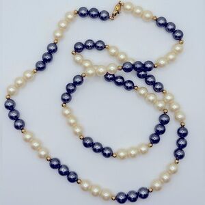 MONET CREAM FAUX PEARL HEMATITE BEAD NECKLACE GOLD TONE